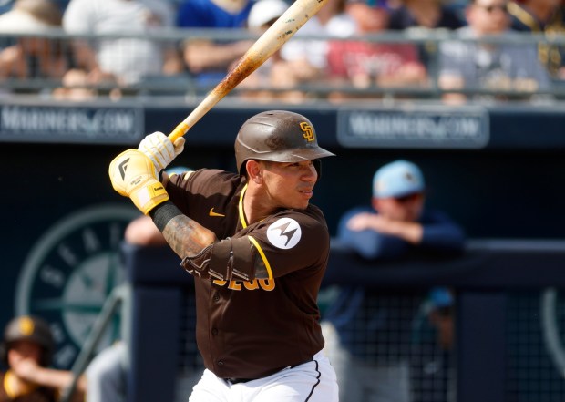 Peoria, AZ - February 23: Freddy Fermin #54 of the San Diego Padres bats during a spring training game against the Milwaukee Brewers on February 23, 2026 in Peoria, AZ.  (K.C. Alfred / The San Diego Union-Tribune)