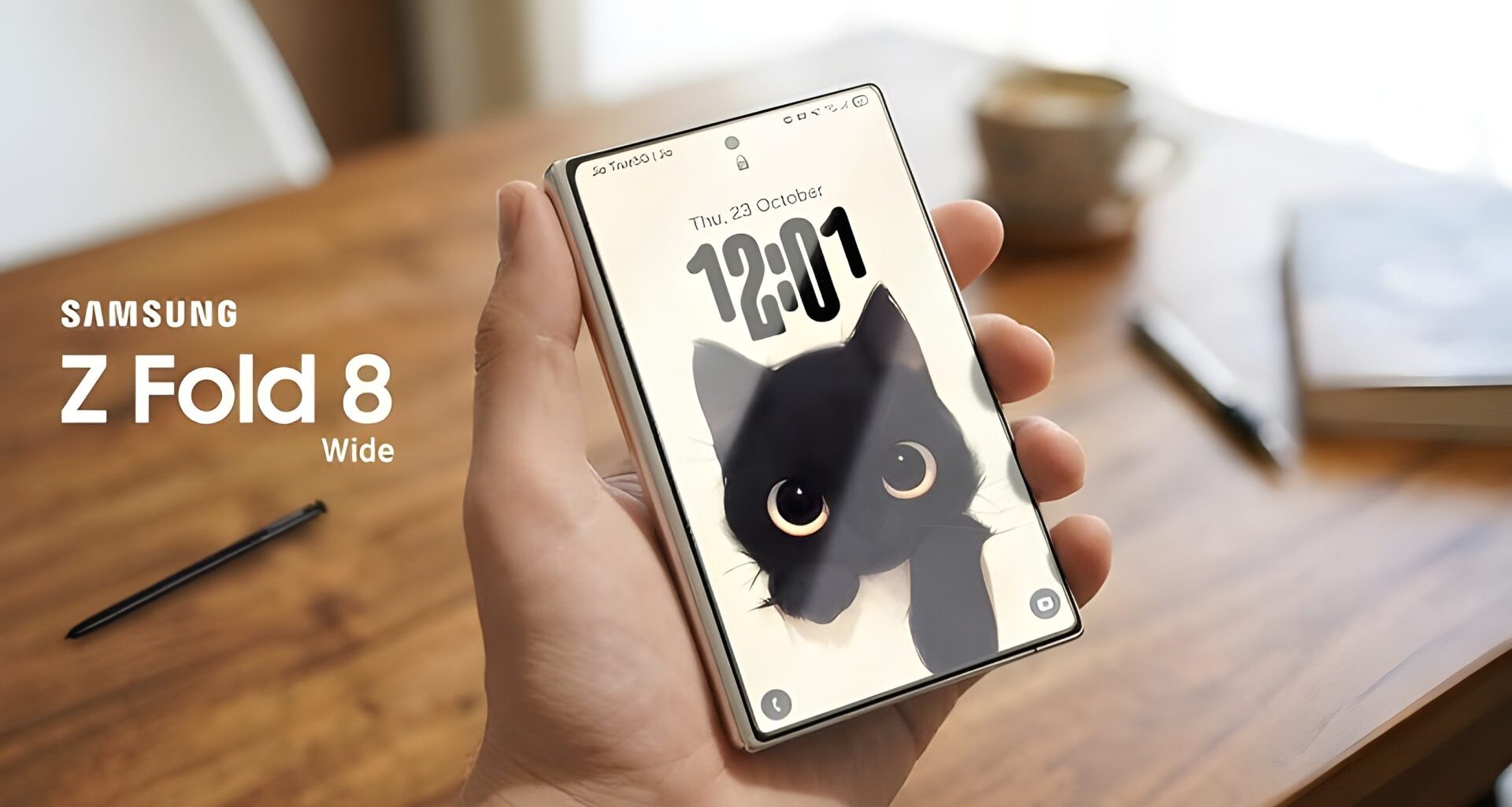 A hand holds a Samsung Z Fold 8 Wide displaying a lock screen with a black cat illustration and the time '12:01.'