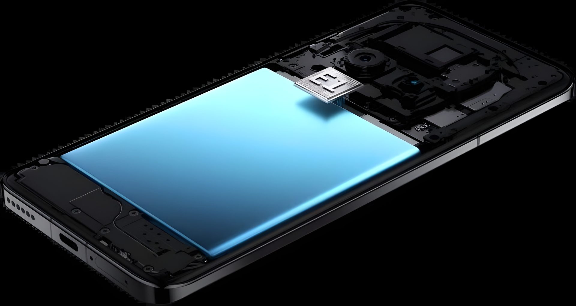 A smartphone showing internal components with a large blue battery and a chip labeled 'F1'.