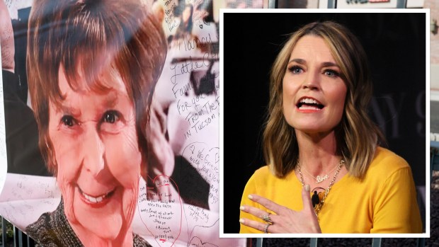 Savannah Guthrie with an image of her mother Nancy Guthrie outside her home.