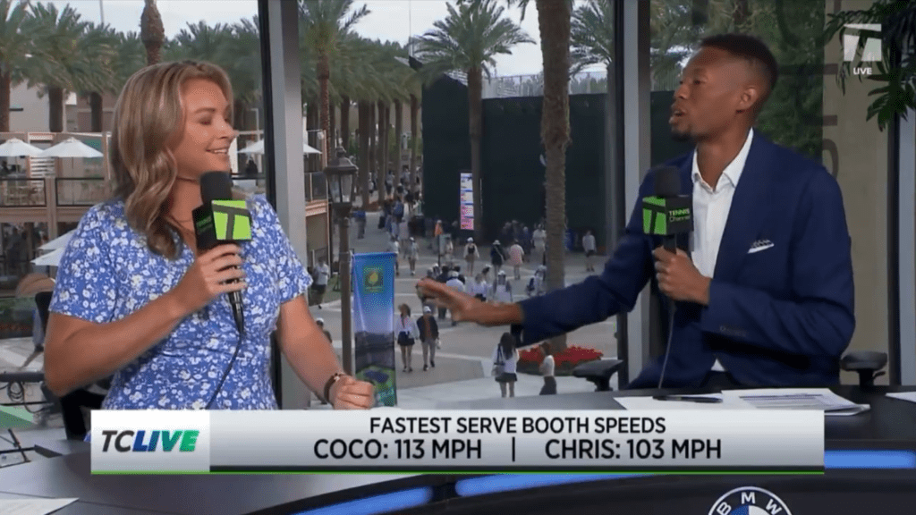 A blonde woman and a Black man broadcasting with microphones on TCLive, with an overlay showing "FASTEST SERVE BOOTH SPEEDS COCO: 113 MPH | CHRIS: 103 MPH".