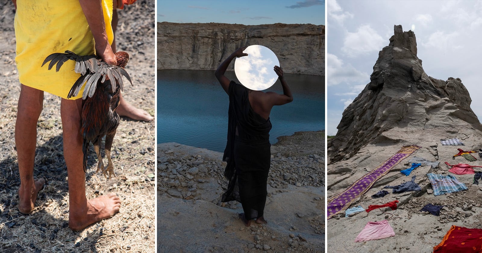 A triptych: On the left, a person in a yellow garment holds a rooster; center, a person stands by water, holding a round mirror reflecting the sky; right, colorful clothes are laid out on rocky ground beneath a large rock formation.