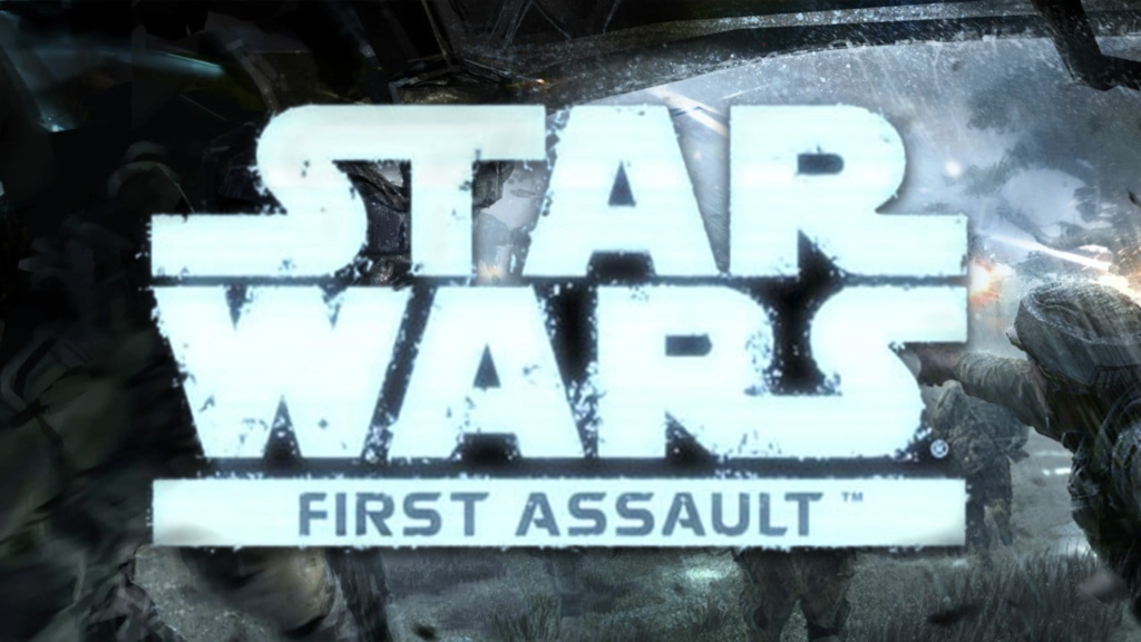 A logo for Star Wars: First Assault over concept art for Rogue One: A Star Wars Story.