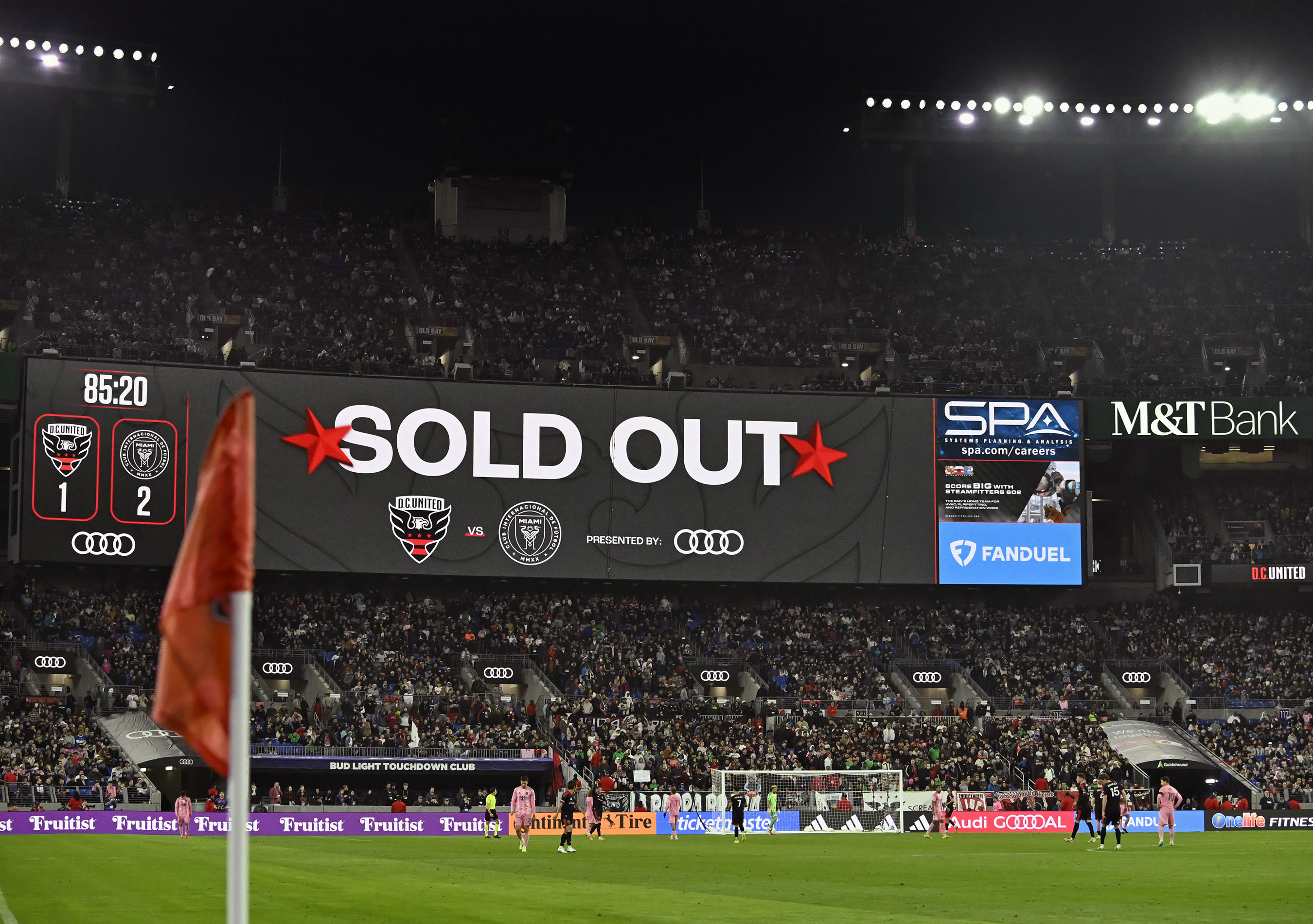 The scoreboard at M&T Bank Stadium announces the sold out...