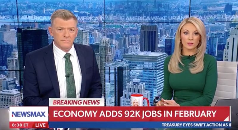 A chyron at the bottom of Newsmax’s morning broadcast also incorrectly stated that the United States had added 92,000 jobs in February.