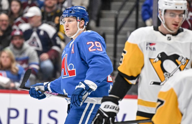 Nathan MacKinnon (29) of the Colorado Avalanche skates back to a face-off after a failed offensive possession against the Pittsburgh Penguins during the first period at Ball Arena in Denver on Monday, March 16, 2026. (Photo by AAron Ontiveroz/The Denver Post)