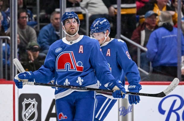 Devon Toews (7) and Cale Makar (8) of the Colorado Avalanche react after a goal by Elmer Soderblom (25) of the Pittsburgh Penguins on goaltender MacKenzie Blackwood (39) during the first period at Ball Arena in Denver on Monday, March 16, 2026. (Photo by AAron Ontiveroz/The Denver Post)