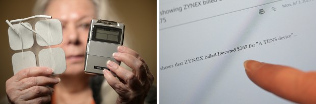 LEFT: Marian Houk holds her TENS 7000 muscle stimulator machine she purchased from Amazon for $38.88, at her apartment in Westminster on Feb. 24, 2026. RIGHT: Marian Houk points to an email from her insurance company detailing a ZYNEX bill that charged $369 for the same device. (Photo by Hyoung Chang/The Denver Post)