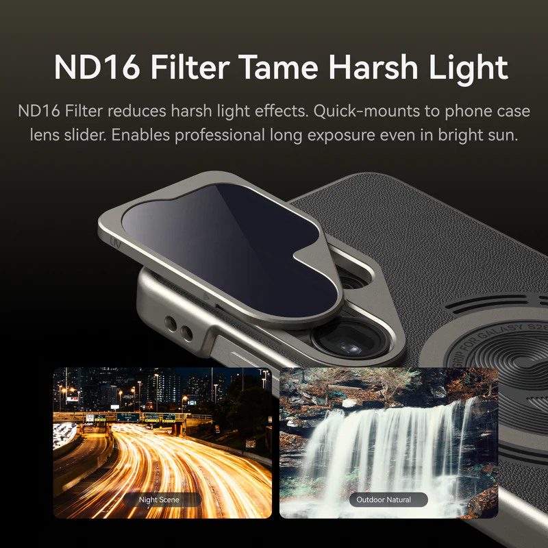A phone camera with an ND16 filter attached is shown above two comparison photos: one of a city at night with light trails, and one of a waterfall in daylight. Text describes the ND16 filter taming harsh light.
