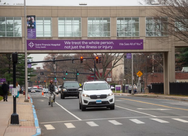 One of the walkways at Saint Francis Hospital in Hartford on Friday, Nov. 21, 2025. (Aaron Flaum/Hartford Courant)