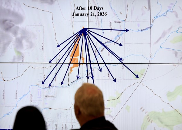 During a community meeting, Wednesday, Feb. 4, 2026, at Clearlake City Hall, involving residents of the January sewage spill, a graphic shows the movement of the plume, from the origin of the spill. (Kent Porter / The Press Democrat)