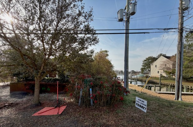 The Broad Bay Island sewage pump station, obscured by shrubs and small trees, sits right along a canal, in which it has leaked. As seen Thursday, March 5, 2026. (Stephen M. Katz / The Virginian-Pilot)