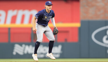 Taylor Walls, wearing a blue Rays jersey and blue cap with a Rays logo, with greay pants and dark blue socks, stands on the edge of his feet waiting for a ball to be hit to him.