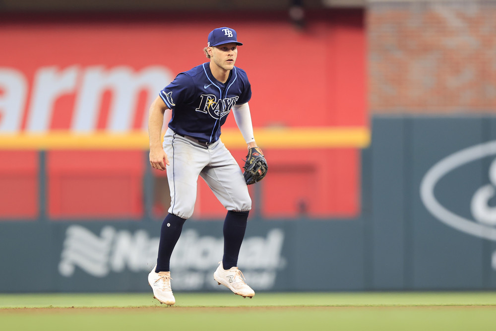 Taylor Walls, wearing a blue Rays jersey and blue cap with a Rays logo, with greay pants and dark blue socks, stands on the edge of his feet waiting for a ball to be hit to him.