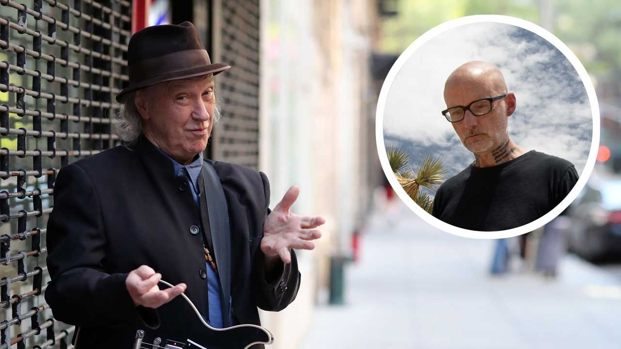 Dave Davies with a guitar on a New York street, and Moby looking pensive in the desert
