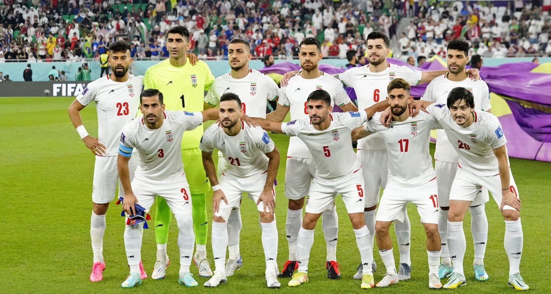 Nov 29, 2022; Doha, Qatar; The starting eleven or Iran pose for a photo before a group stage match against the United States of America during the 2022 World Cup at Al Thumama Stadium.
