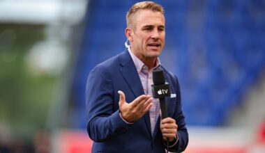 Jun 29, 2024; Harrison, New Jersey, USA; Apple TV commentator Taylor Twellman reports from the pitch before the match between the New York Red Bulls and D.C. United at Red Bull Arena. Mandatory Credit: Vincent Carchietta-USA TODAY Sports