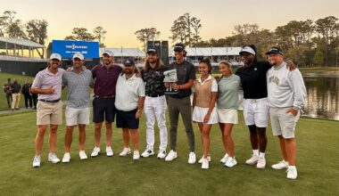The participants in the first Content Creator Classic at TPC Sawgrass after Grant Horvat (with trophy) won with a birdie putt at the par-3 17th hole of the Players Stadium Course at TPC Sawgrass on March 12.