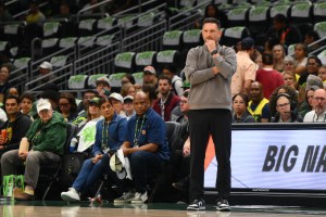 Phoenix Mercury head coach Nate Tibbetts during the first half against the Seattle Storm on May 23, 2025. Mandatory Credit: Steven Bisig-Imagn Images