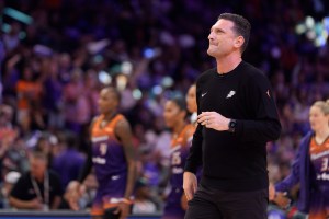 Sep 14, 2025; Phoenix, Arizona, USA; Phoenix Mercury head coach Nate Tibbetts reacts during a timeout against the New York Liberty during game one of the 2025 WNBA Playoffs round one at PHX Arena. Mandatory Credit: Allan Henry-Imagn Images
