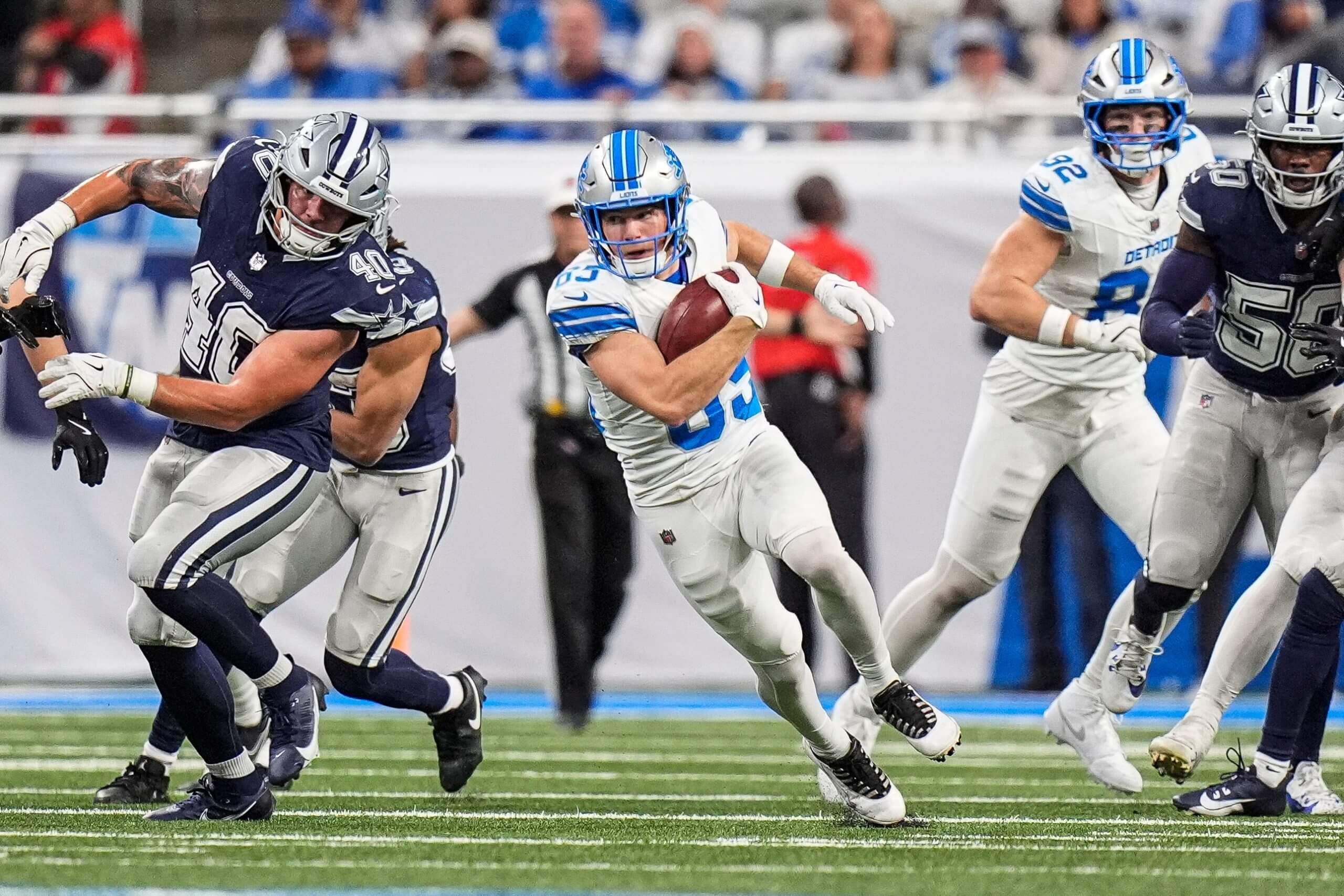Detroit Lions kick returner Tom Kennedy (85) runs against Dallas Cowboys during the second half at Ford Field in Detroit on Thursday, Dec. 4, 2025.