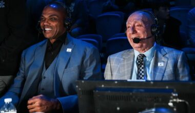 ESPN announcer Dick Vitale with analyst Charles Barkley before the Indiana-Kentucky men's college basketball game at Rupp Arena in Lexington, Kentucky December 13, 2025.