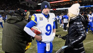 Jan 18, 2026; Chicago, IL, USA; Los Angeles Rams quarterback Matthew Stafford (9) holds a game ball as he is interviewed by NBC sideline reporter Melissa Stark after a NFC Divisional Round game against the Chicago Bears at Soldier Field. Mandatory Credit: Matt Marton-Imagn Images