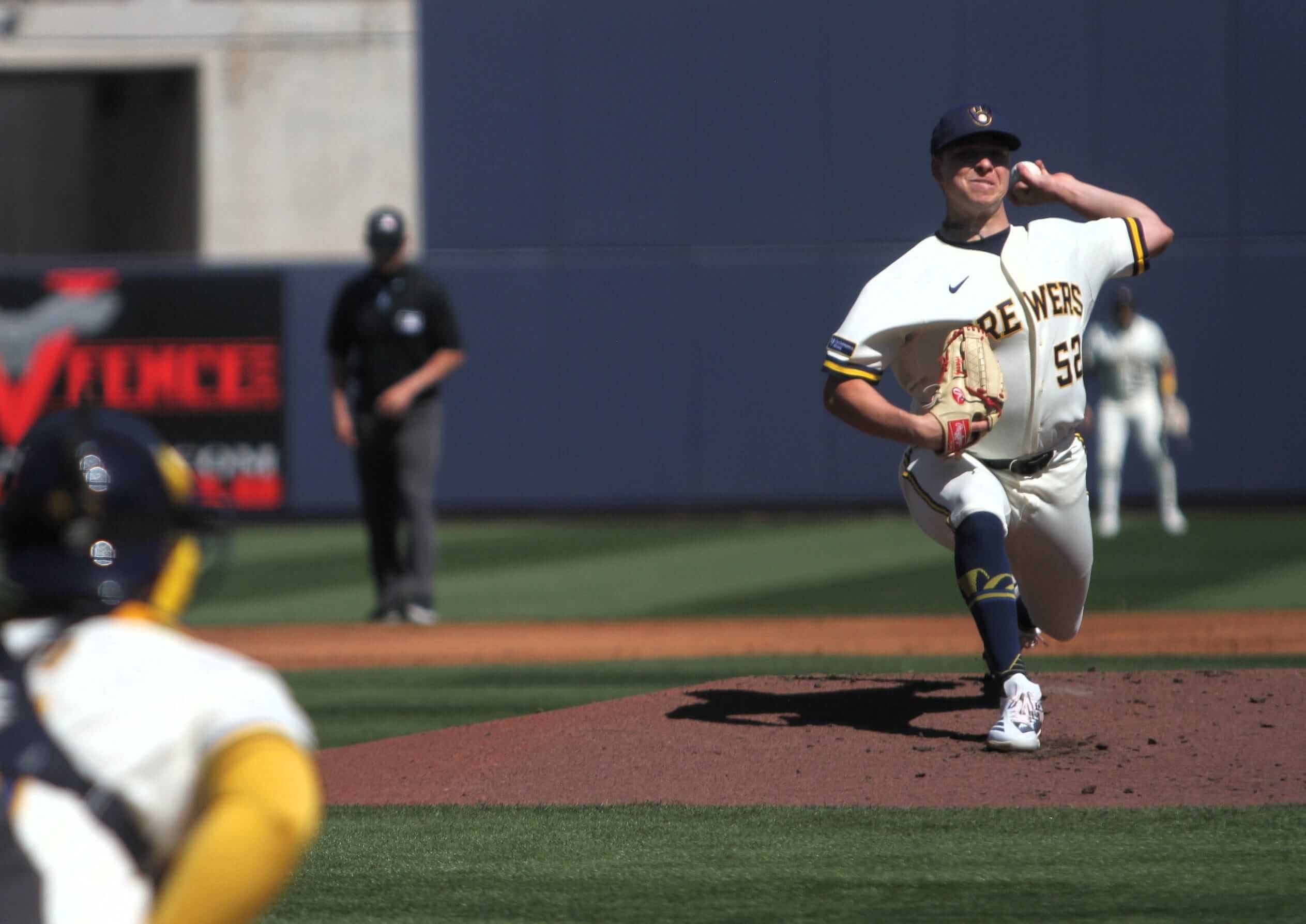Milwaukee Brewers pitcher Kyle Harrison throws a pitch against the Seattle Mariners on March 8 at American Family Fields of Phoenix. 