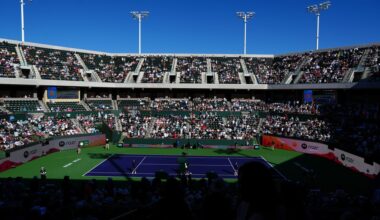 Tennis fans watch a BNP Paribas Open third-round match between Taylor Fritz and Alex Michelsen on Stadium 2 at the Indian Wells Tennis Garden in Indian Wells, Calif., on Monday, March 9, 2026.