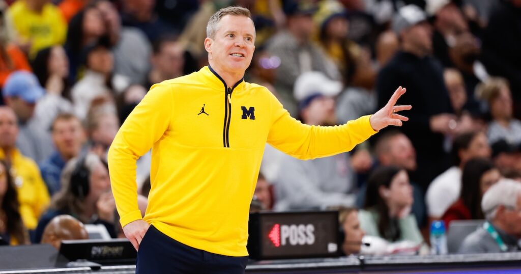 Mar 15, 2026; Chicago, IL, USA; Michigan Wolverines head coach Dusty May gestures during the first half against the Purdue Boilermakers during the men's Big Ten Conference Tournament Championship at United Center. Mandatory Credit: Kamil Krzaczynski-Imagn Images