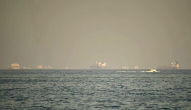 Cargo ships and tankers in the Strait of Hormuz on Feb. 25.