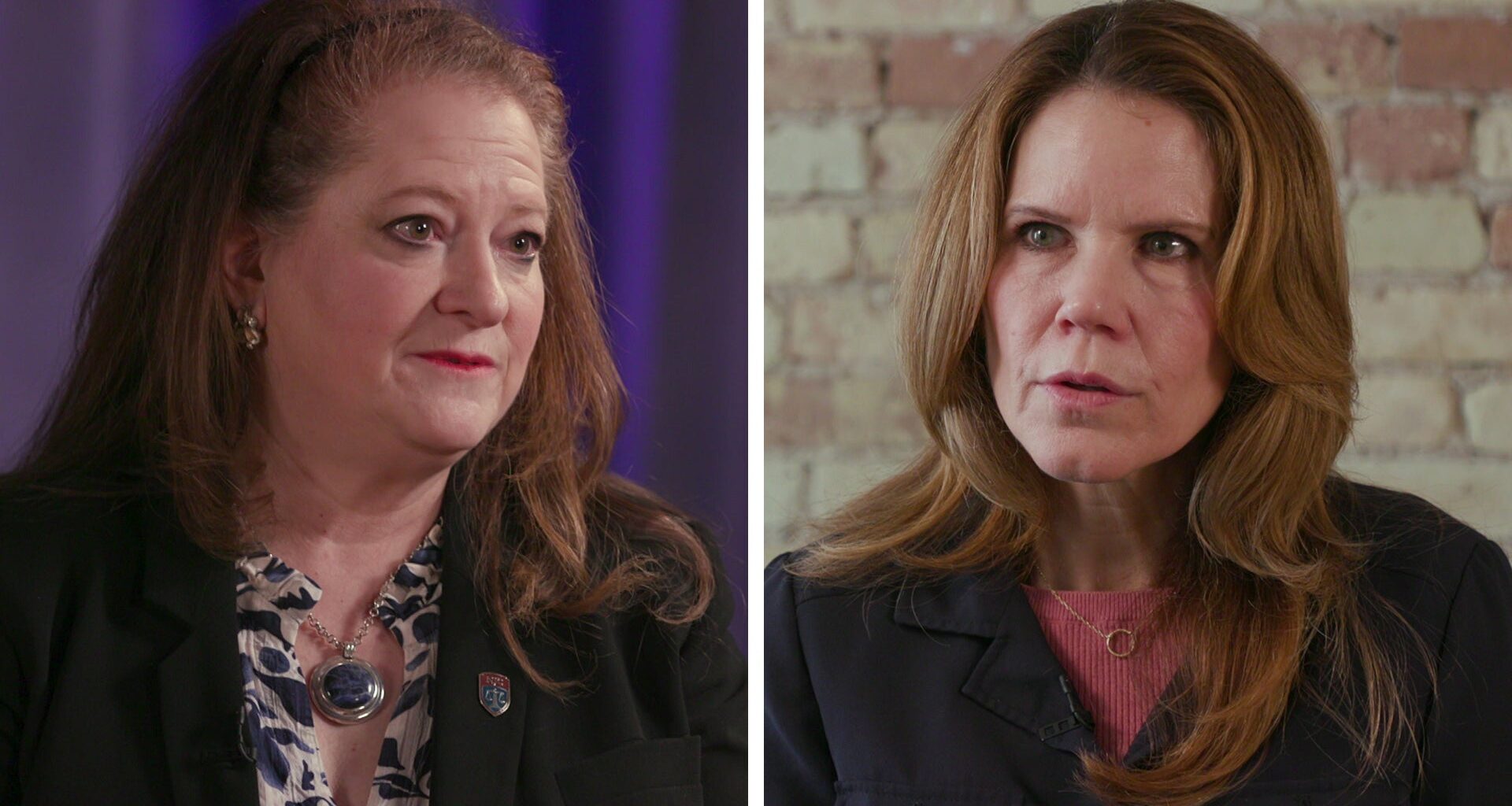 Two women with light brown hair are shown in a split-screen; both are wearing dark blazers and are looking slightly off camera with serious expressions.