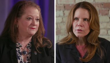 Two women with light brown hair are shown in a split-screen; both are wearing dark blazers and are looking slightly off camera with serious expressions.