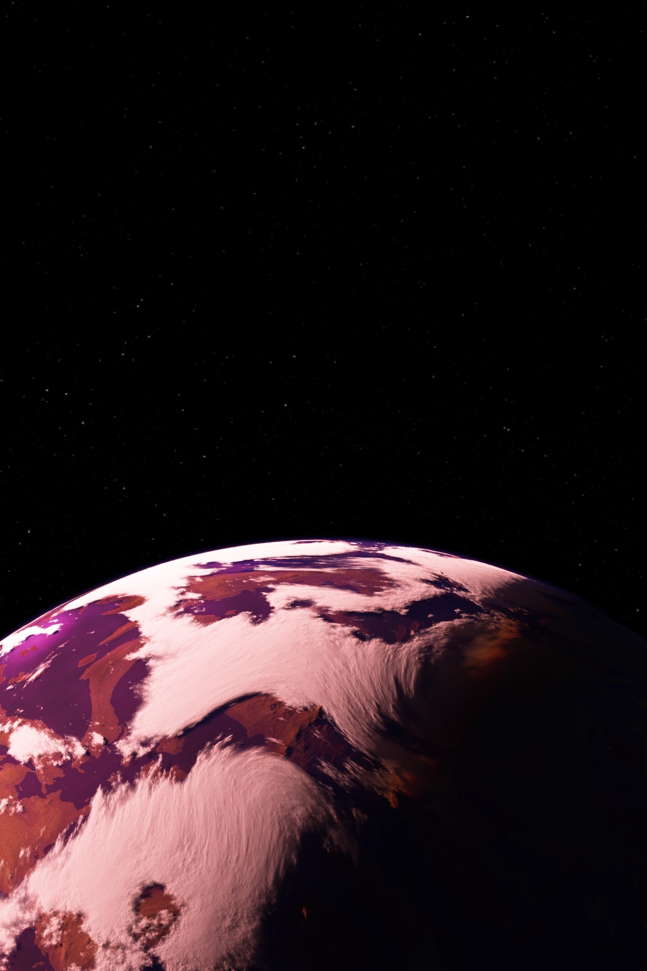 A planet that looks like Earth, with cloud cover and water, except it has a pinkish orange hue.