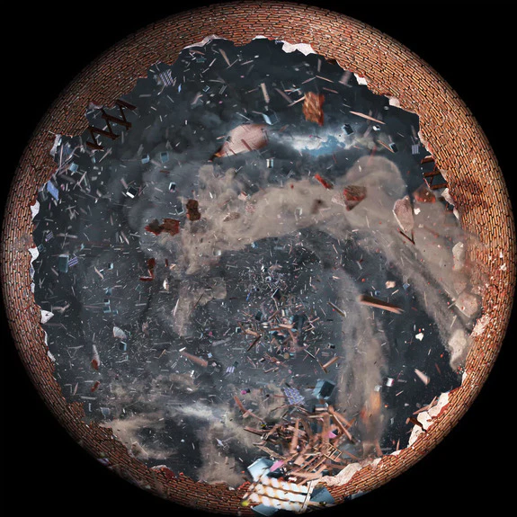 Digital artwork of a sphere with swirling debris and particles, enclosed by a textured, perforated surface.