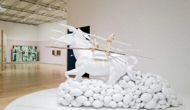 White horse sculpture with arrows and balloons in an art gallery display.