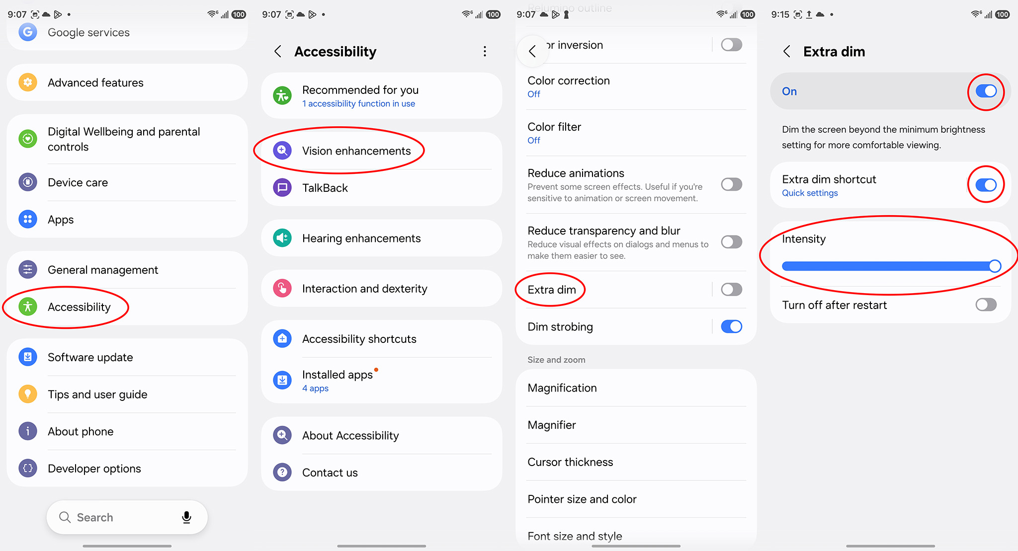 How to enable Extra Dim in the accessibility settings on a Samsung Galaxy S26 Ultra