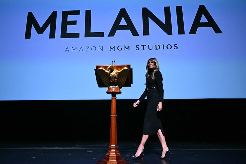 U.S. First Lady Melania Trump approaches the lectern to speak during the world premiere of Amazon MGM Studios' "Melania" at the Kennedy Center in Washington, DC, on January 29, 2026.