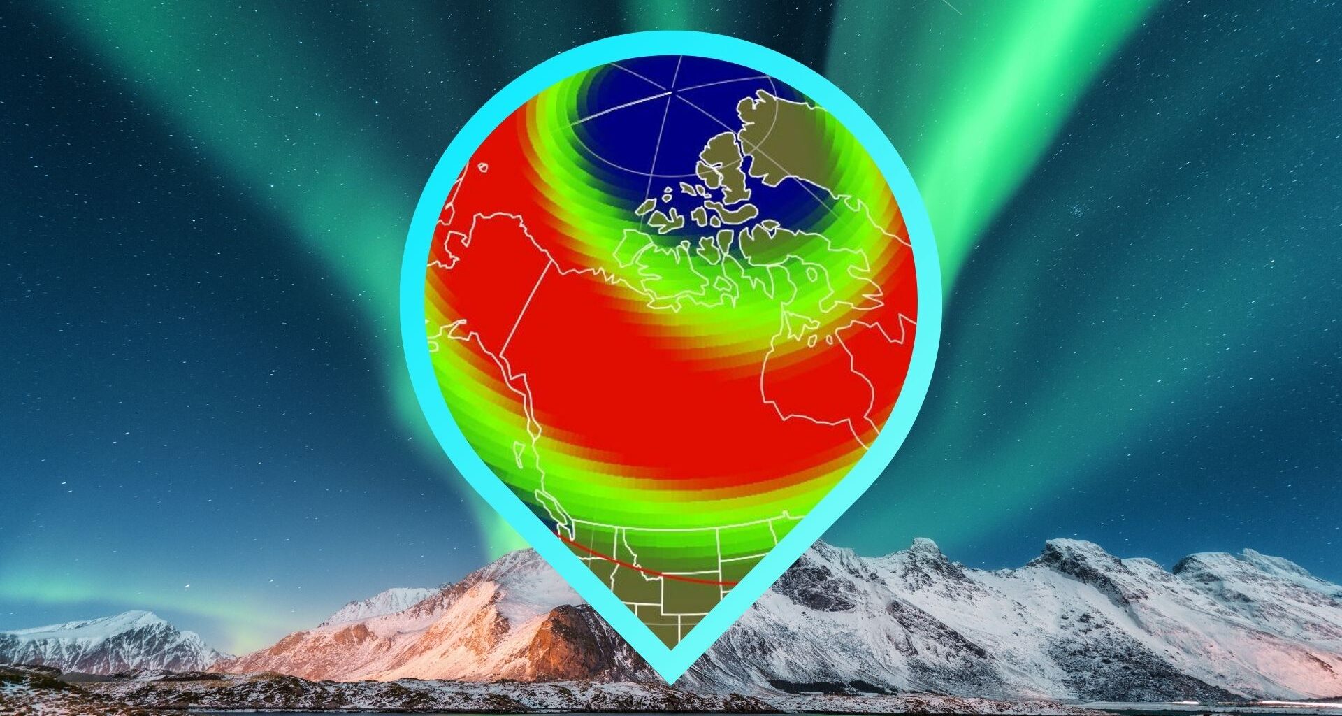 Aurora forecast maps for tonight showing possible aurora view line covering 16 us states. In the background is a image of green ribbons of auroras shining over snowcapped mountains.