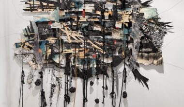 Heidi Whitman, "Ahab’s Head: American Vengeance" (detail, the destruction of the Pequod), 2020-2025. Ink, gouache, acrylic, paper, canvas, cloth, string, rope, wood, Cinefoil, sound, and cast shadows. Dimensions variable.