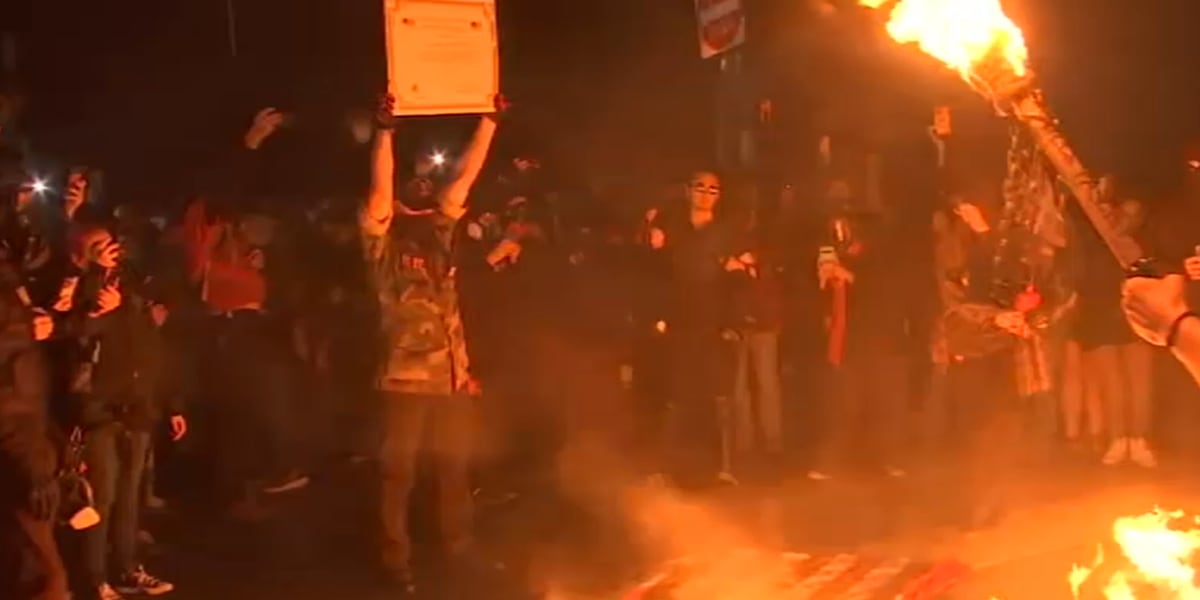 Protesters break through gates at Portland ICE facility, burn flags at ‘No Kings’ rally