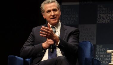 California Governor Gavin Newsom spoje with Harry Sisson to promote his book, "Young Man in a Hurry" at the Streicker Cultural Center, in New York, on Feb. 24.