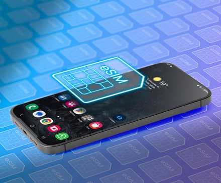 A phone with an illustration of an eSIM above the screen.