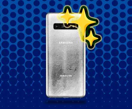 A Samsung Galaxy S10 turned on its back against a blue background.