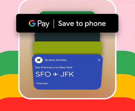 A stack of digital cards with a prominent 'Save to phone' button above it and the Google Wallet Logo behind them.