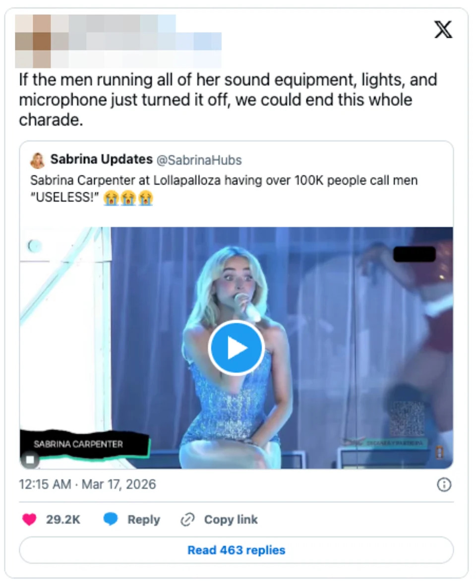 Tweet by Rachel Wilson suggesting turning off sound equipment at a concert. Retweeted post shows Sabrina Carpenter performing at Lollapalooza