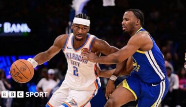 Shai Gilgeous-Alexander of the Oklahoma City Thunder attempts to drive past Lj Cryer of the Golden State Warriors