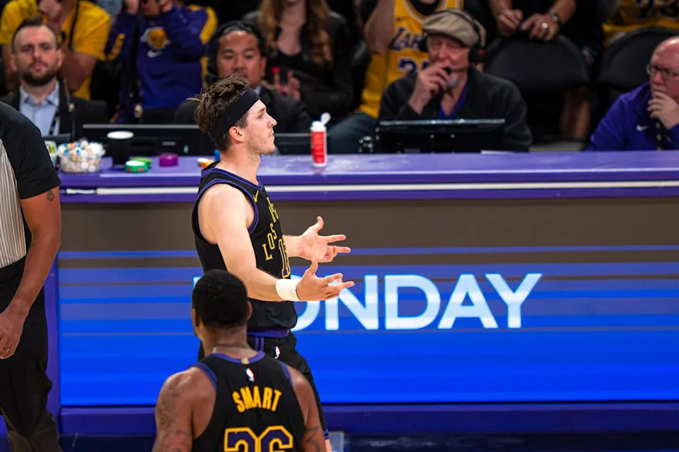 Los Angeles Lakers guard Austin Reaves (15) celebrating a three point basket during an NBA basketball game against the Minnesota Timberwolves on March 10th, 2026 in Los Angeles, CA.