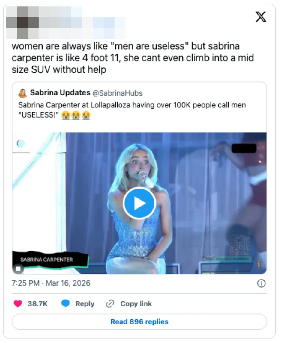 A tweet mocking a statement about men with an image below, showing Sabrina Carpenter performing on stage