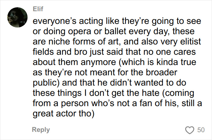 Comment discussing niche art forms and opinions on Timothée Chalamet's acting and Oscar chances from an academy insider.